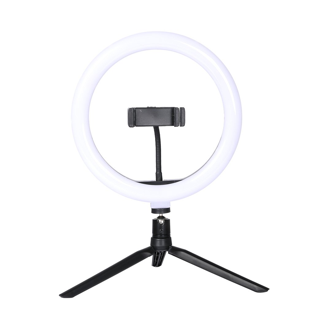 LED Ring Light with Tripod Stand and Phone Holder, showcasing adjustable brightness and color temperature for photography and video.